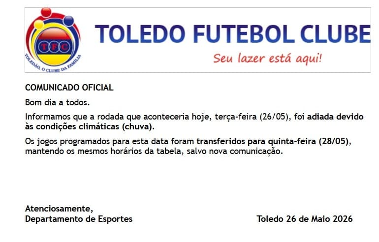 Rodada da Copa do Mundo do Toledão é adiada devido ao mau tempo