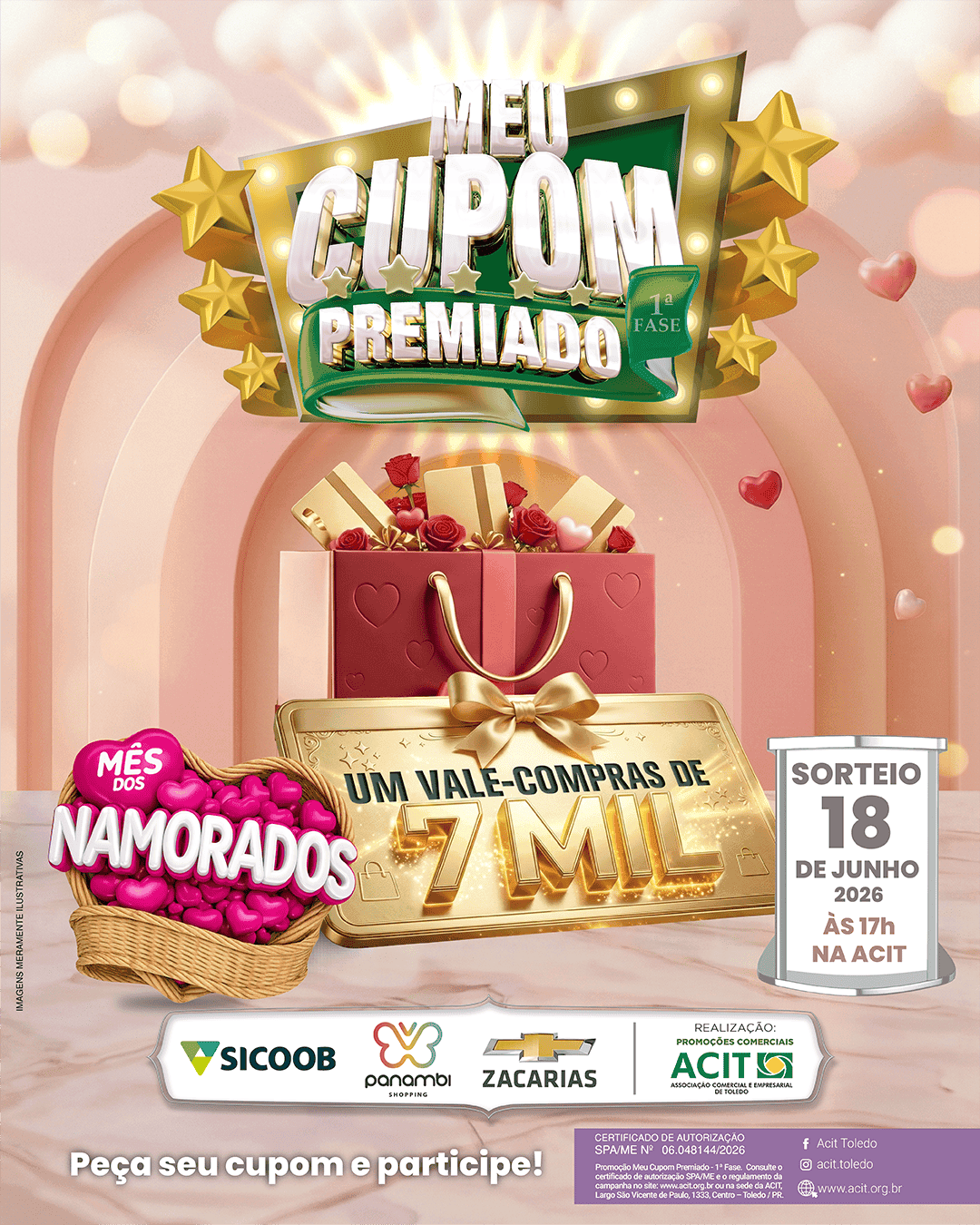 Meu Cupom Premiado: ACIT sorteará vale-compras de R$ 7 mil no Mês dos Namorados