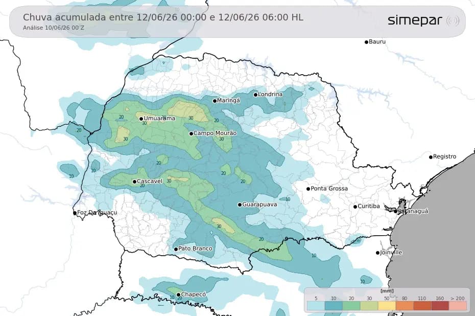Simepar prevê tempestades nas regiões Oeste e Norte do Paraná entre quinta e sexta-feira